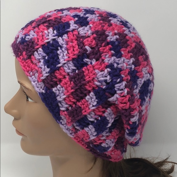 Slouchy winter beanie pink purple adult or teen New hand crochet by me #360 - Picture 1 of 5